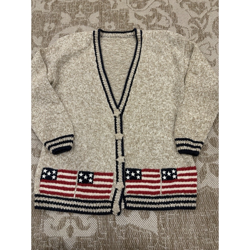 Vintage Beige American Flag Cardigan Sweater Womens S M Patriotic Flag 90s
